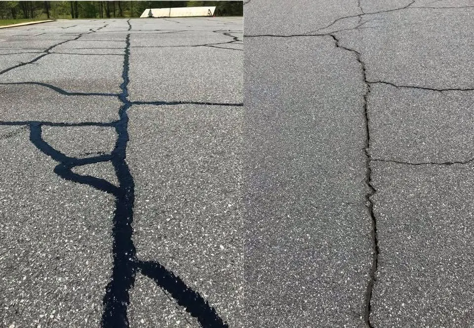 Crack sealing before and after on Calgary asphalt by Hudson's Asphalt